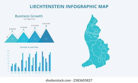 Business Growth Infographic Map of Liechtenstein. Vector Map of a global map in the form of regions of Liechtenstein. Infographic timeline. Easy to edit