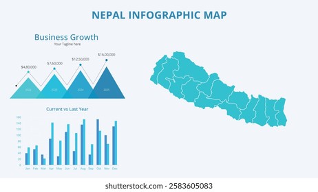 Business Growth Infographic Map of Nepal. Vector Map of a global map in the form of regions of Nepal. Infographic timeline. Easy to edit
