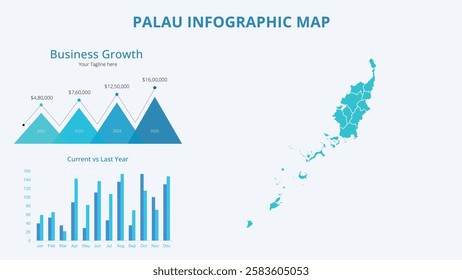 Business Growth Infographic Map of Palau. Vector Map of a global map in the form of regions of Palau. Infographic timeline. Easy to edit