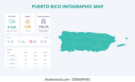 Business Growth Infographic Map of Puerto Rico. Orders, Customers, Sales Overview and product Infographic Map of Puerto Rico. Easy to edit