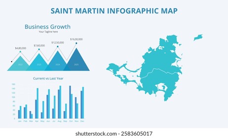 Business Growth Infographic Map of Saint Martin. Vector Map of a global map in the form of regions of Saint Martin. Infographic timeline. Easy to edit