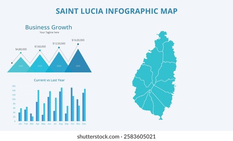 Business Growth Infographic Map of Saint Lucia. Vector Map of a global map in the form of regions of Saint Lucia. Infographic timeline. Easy to edit