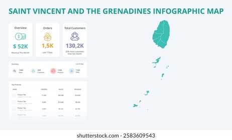 Business Growth Infographic Map of Saint Vincent and the Grenadines. Orders, Customers, Sales Overview and product Infographic Map of Saint Vincent and the Grenadines. Easy to edit