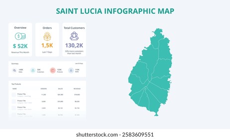 Business Growth Infographic Map of Saint Lucia. Orders, Customers, Sales Overview and product Infographic Map of Saint Lucia. Easy to edit