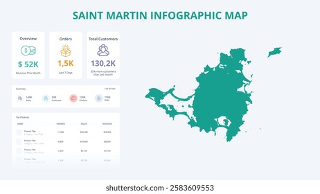 Business Growth Infographic Map of Saint Martin. Orders, Customers, Sales Overview and product Infographic Map of Saint Martin. Easy to edit