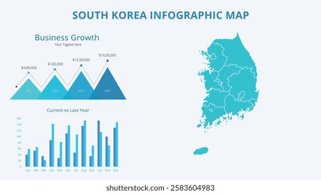 Business Growth Infographic Map of South Korea. Vector Map of a global map in the form of regions of South Korea. Infographic timeline. Easy to edit