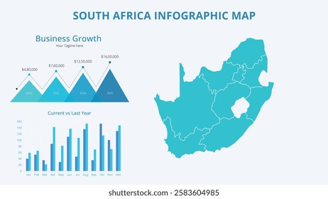 Business Growth Infographic Map of South Africa. Vector Map of a global map in the form of regions of South Africa. Infographic timeline. Easy to edit