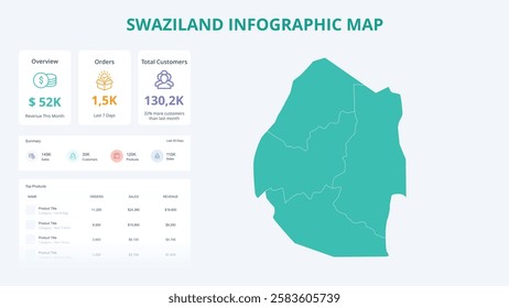 Business Growth Infographic Map of Swaziland. Orders, Customers, Sales Overview  product Infographic Map of Swaziland. Easy to edit