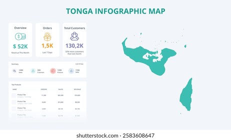 Business Growth Infographic Map of Tonga. Orders, Customers, Sales Overview and product Infographic Map of Tonga. Easy to edit