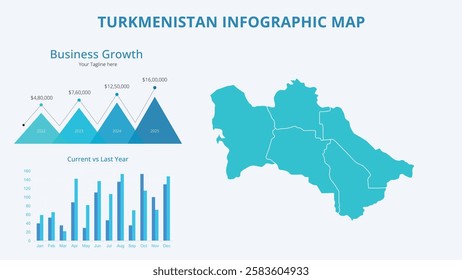 Business Growth Infographic Map of Turkmenistan. Vector Map of a global map in the form of regions of Turkmenistan. Infographic timeline. Easy to edit