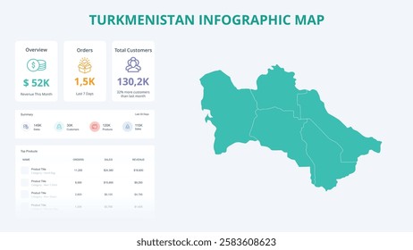 Business Growth Infographic Map of Turkmenistan. Orders, Customers, Sales Overview and product Infographic Map of Turkmenistan. Easy to edit