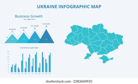 Business Growth Infographic Map of Ukraine. Vector Map of a global map in the form of regions of Ukraine. Infographic timeline. Easy to edit