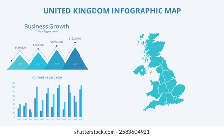 Business Growth Infographic Map of United Kingdom. Vector Map of a global map in the form of regions of United Kingdom. Infographic timeline. Easy to edit