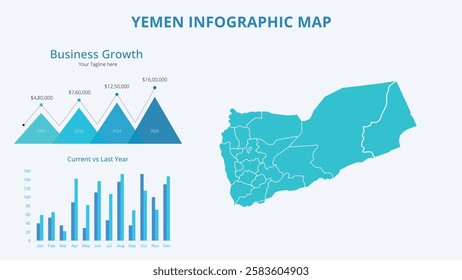 Business Growth Infographic Map of Yemen. Vector Map of a global map in the form of regions of Yemen. Infographic timeline. Easy to edit