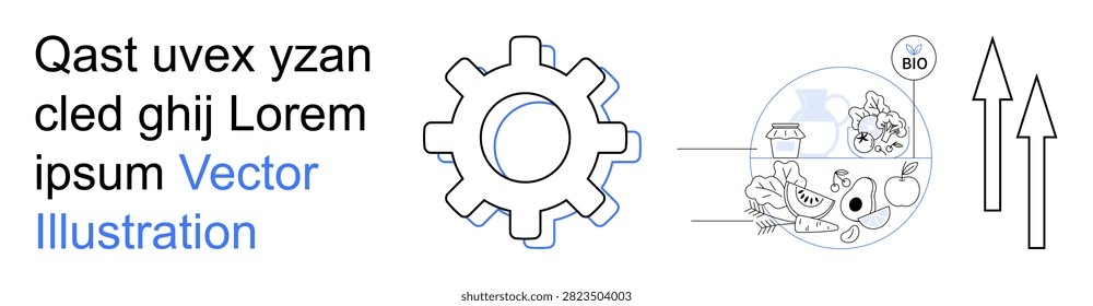 Business growth, innovation, process optimization, healthy lifestyle, organic products, technology. Gear icon, circular food diagram with bio label upward arrows. Growth and innovation visualization