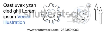 Business growth, innovation, process optimization, healthy lifestyle, organic products, technology. Gear icon, circular food diagram with bio label upward arrows. Growth and innovation visualization