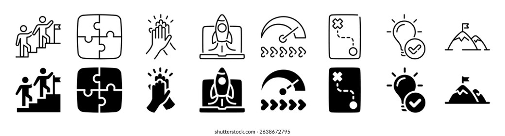 Business growth, innovation, and success icon set. Linear and silhouette style.