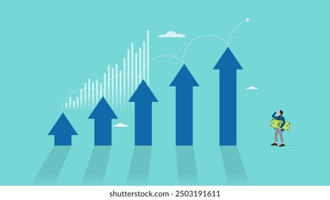 business growth with investment earning rising up, profit performance or investment sales growth, market value of equity concept, businessman with banknotes observing business income growth graph