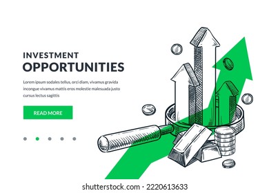 Business growth, investment and finance analytics concept. Magnifying glass with growing arrows and gold bars on green arrow background. Hand drawn vector sketch illustration. Poster banner design - Shutterstock ID 2220613633