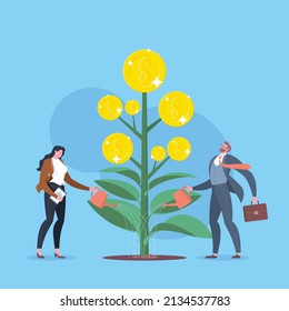 Business growth, investment growth, increase profit margin, income or increasing dividends concept. Businessman and woman are watering a growing golden coins plant in blue background.