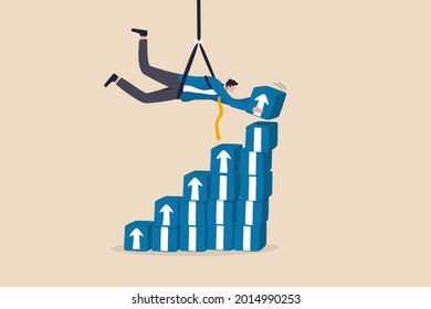 Business growth or investment profit increase, career path or skill development, effort and challenge to grow up in business concept, businessman hanging above stacking box of rising up growth arrow.