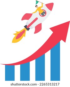 Business growth, investment profit increase, growing fast or improving concept, increase sales and revenue, progress or development, man holding flag and riding rocket on growth bar graph or rising up