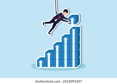 Crecimiento de las empresas o aumento de las ganancias de las inversiones, trayectoria profesional o desarrollo de habilidades, esfuerzo y desafío para crecer en concepto de negocios, empresario colgado por encima de la caja apiladora de flecha de crecimiento.