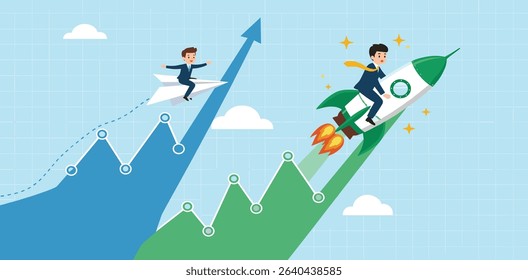 Business growth, investment profit increase, growing fast or improvement sales and revenue, progress or development concept, businessman riding rocket