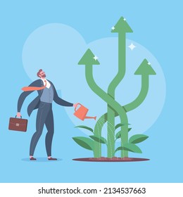 Business growth, investment growth, start-up, increase profit margin, income or stock concept. Businessman is watering growing arrow plants in blue background.