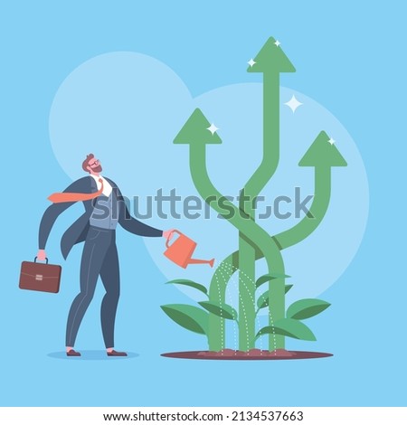 Business growth, investment growth, start-up, increase profit margin, income or stock concept. Businessman is watering growing arrow plants in blue background.