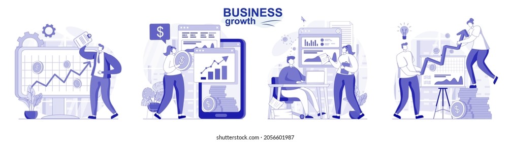 Business growth isolated set in flat design. People analyze data, success strategy, increase income collection of scenes. Vector illustration for blogging, website, mobile app, promotional materials.