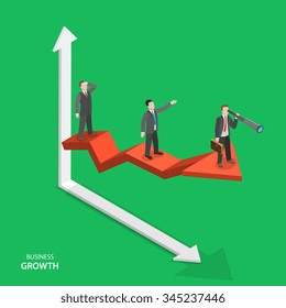 Business growth isometric vector concept. Team of businessmen are on arrow graph moving to success. Team work, leadership, way to success.