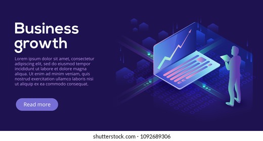 Business growth isometric vector illustration. Abstract businessman with laptop background. Financial increase or stock exchange website header layout. Digital technology concept.