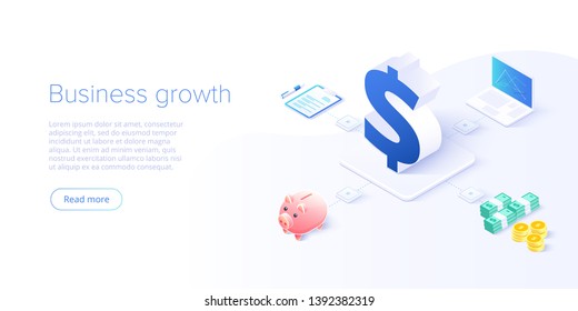 Ilustração vetorial isométrica de crescimento de negócios. Análise de dados para soluções de marketing da empresa ou desempenho financeiro. Conceito de contabilidade orçamentária ou estatística.