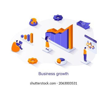 Business growth isometric web concept. People work together on project, analyze financial statistics, increase company profit, development scene. Vector illustration for website template in 3d design