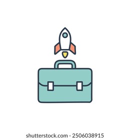Business growth and launch icon. Colorful icon of a briefcase with a rocket launching from the top, representing business growth and expansion.
