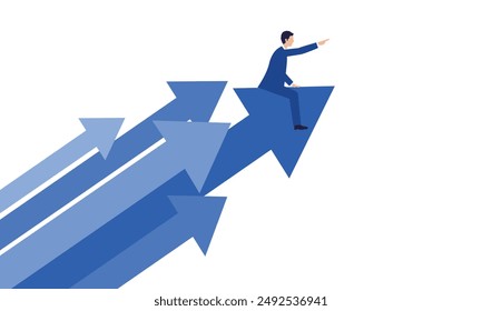 Business Growth and Leadership: Businessman Pointing to the Future with Evolving Arrows - Flat Illustration