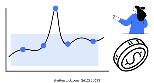 A business growth line chart with data points, a woman pointing, and a coin icon emphasizing financial success. Ideal for financial reports, data analysis, business presentations, economic trends