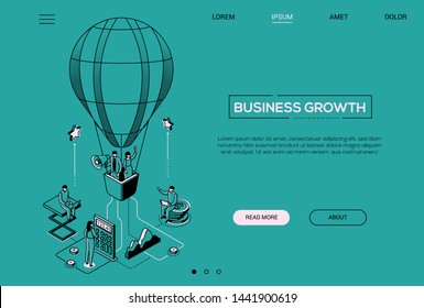 Business Growth - Line Design Style Isometric Web Banner On Green Background With Copy Space For Text. A Header With Business People Flying On A Hot Air Balloon, Images Of Coins, Calculator, Megaphone