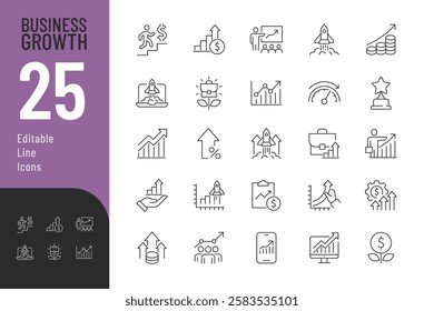 Business Growth Line Editable Icons set. Vector illustration in modern thin line style of business related icons: project launch, success, aspirations, and more. Pictograms and infographics