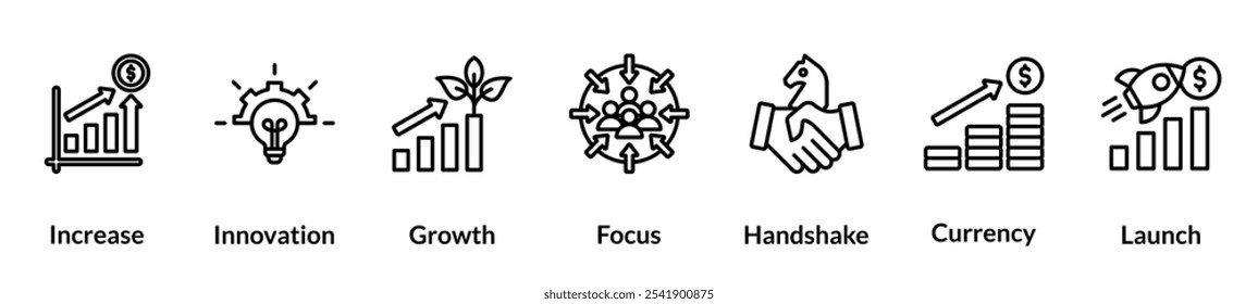 Conjunto de ícones da linha de crescimento de negócios. aumento, inovação, crescimento, foco, handshake, moeda, lançamento