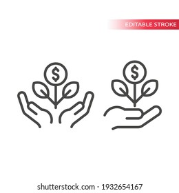 Business growth line vector icon. Hand, plant growing and dollar coin symbol, editable stroke.