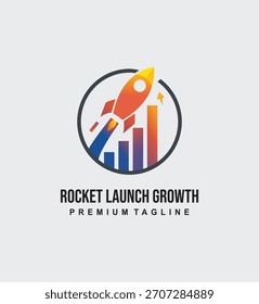 Ein Logo für das Unternehmenswachstum mit einer Rakete, die über einem Farbverlauf-Balkendiagramm abhebt und einen schnellen finanziellen Fortschritt und Aufwärtspfad symbolisiert.