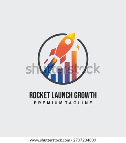 A business growth logo featuring a rocket taking off over a gradient bar chart, symbolizing fast financial progress and upward trajectory.