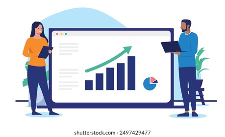 Crecimiento del negocio - Hombre y mujer con computadora portátil mirando el gráfico de diagrama en ascenso y el gráfico con flecha verde que apunta hacia el éxito financiero. Ilustración vectorial de diseño plano