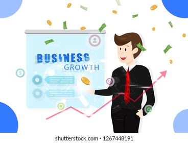 Business growth, man working, technology information symbol, investment, profit money falling, successful vector illustration