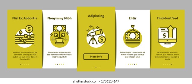 Business Growth And Management Onboarding Mobile App Page Screen Vector. Business Case With Dollar Sign, Rocket And Wings, Brain And Muscle Concept, Grow Arrow Statistic Color Illustrations