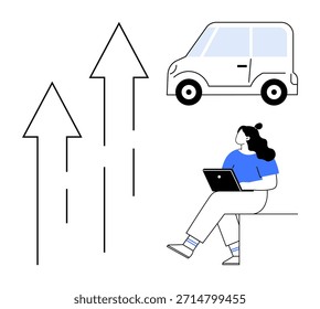 Unternehmenswachstum, Mobilität, Fernarbeit, Verkehr, Innovation, Technologie. Frau sitzt mit einem Laptop, Pfeile zeigen nach oben Auto Illustration. Unternehmenswachstum und Mobilitätskonzepte