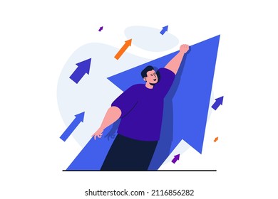 Business Growth Modern Flat Concept For Web Banner Design. Businessman Is Flying On Growth Arrow Up. Business Development, Success Strategy, Innovation. Vector Illustration With Isolated People Scene