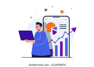 Business growth modern flat concept for web banner design. Man studies graphs and charts with growth of company revenues. Businessman working on laptop. Vector illustration with isolated people scene